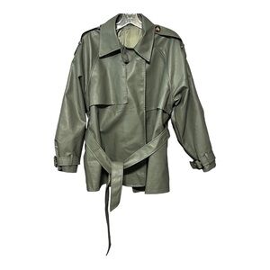 Faux Leather Sage Green Button Belted Jacket-Medium